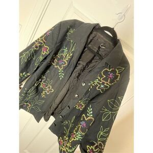 Vikki Vi Black Linen/Cotton Blend Floral Embroidery Lined Jacket Blazer Size 2X